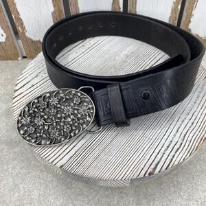Leather Harley Davidson Belt Black Silver Floral  Buckle Women’s Size 40